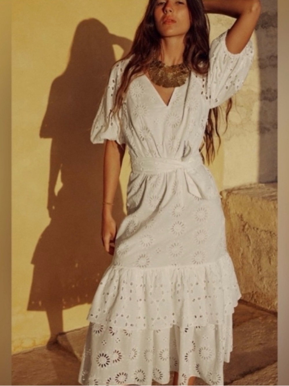 Zara White Eyelet Midi Dress with Tie Waist